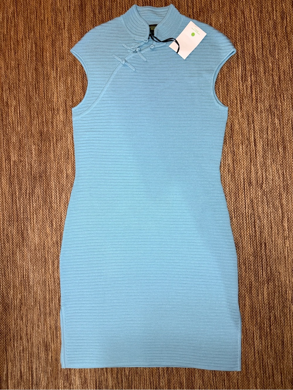 Shanghai Tang Light Blue Sleeveless Ribbed Knit Mini Dress